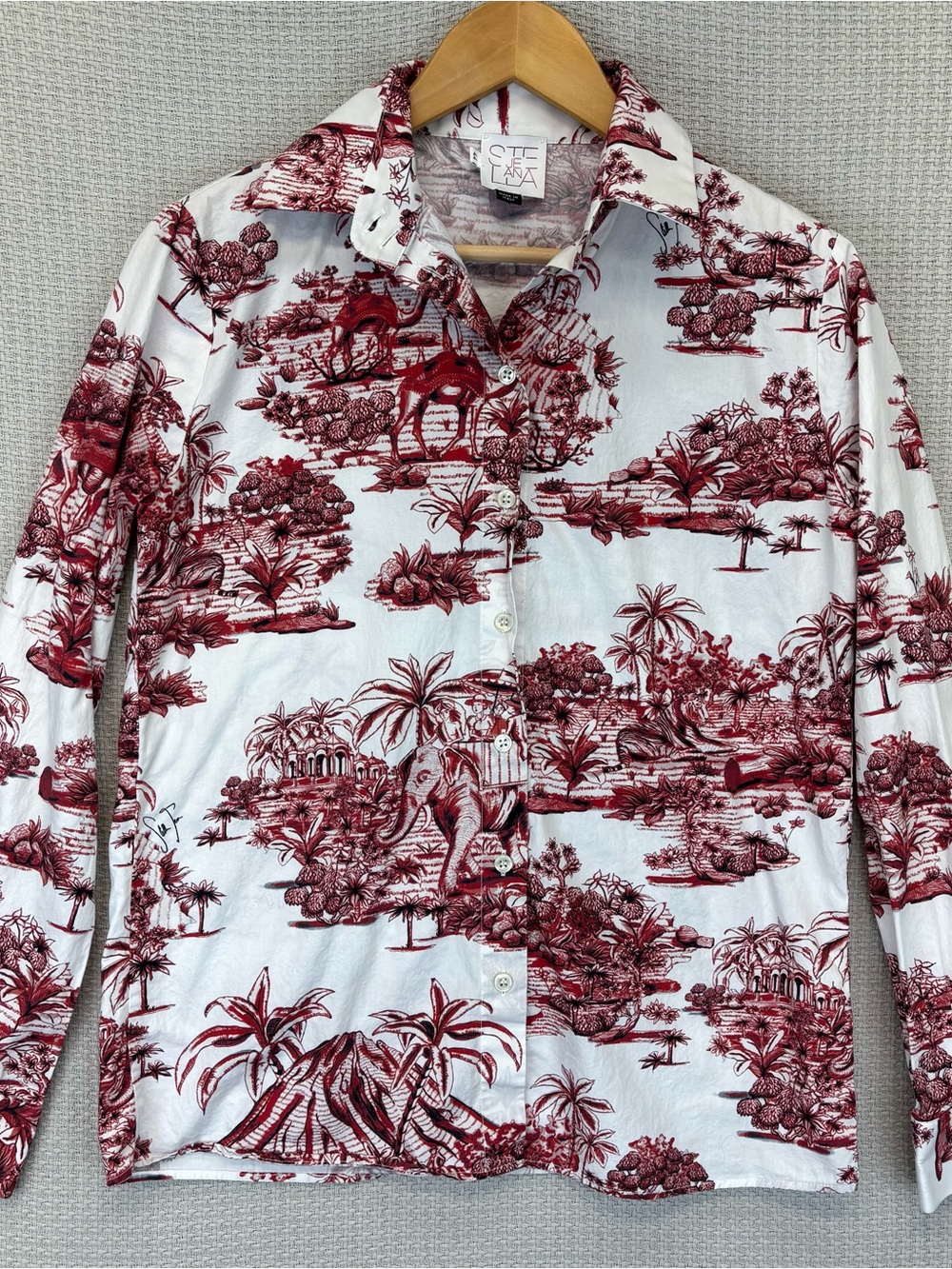 Stella Jean Womens Red Toile De Jouy Long Sleeve Button Up Shirt Sz 44(XL) EUC